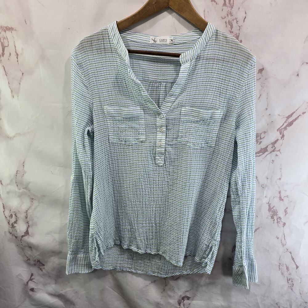 Carve Designs Shirt Womens Medium Blue Button Dylan Organic Notch Crinkle Gauze